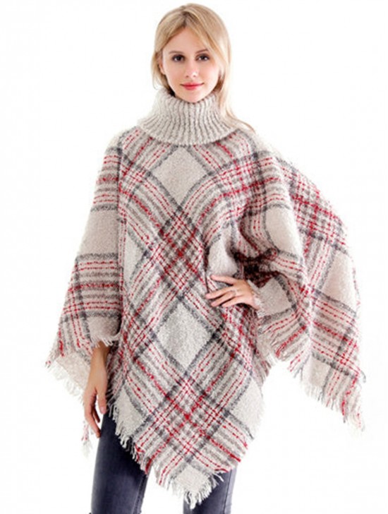 Loose Neck Poncho W/ Big Plaid